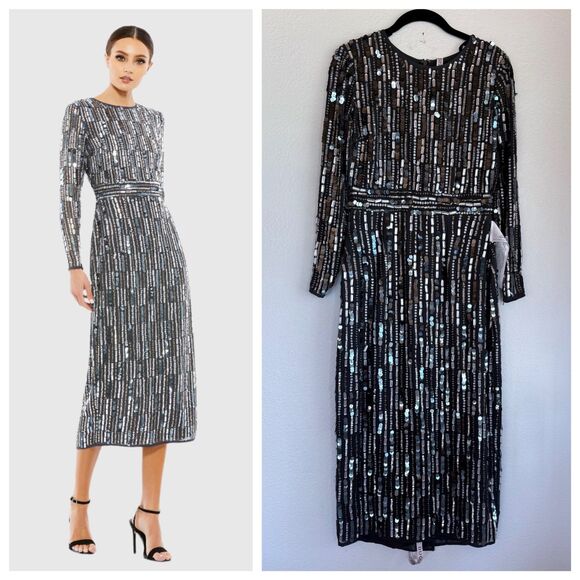NWT Mac Duggal Embellished High Neck Long Sleeve Fitted Dress in Charcoal Gray 4 - Picture 1 of 16